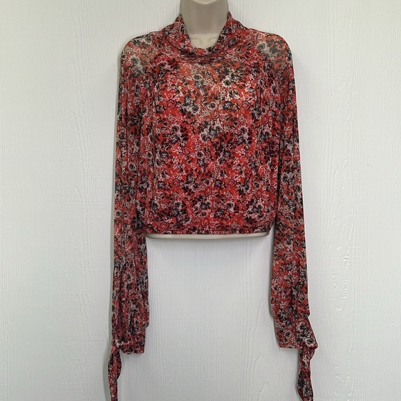 Free People - All Dolled Up Red Floral Print Mesh Long Sleeve  Top Size … - Picture 3 of 15